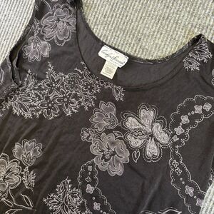 Carolyn Strauss Womens Tank Top Large Black Floral Sleeveless USA Made